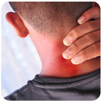 Image of the back of a man's head. The man has is hand on his neck and his neck is red.