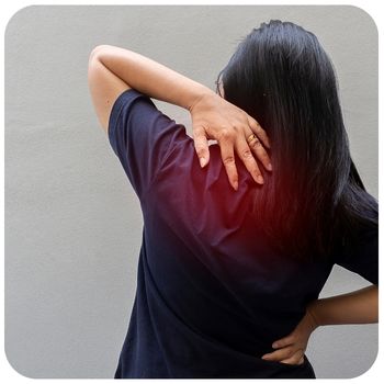 A head and shoulder image of the back of a person's head. The left shoulder is radiating red to indicate pain, and the person has their hand on this shoulder.