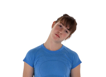 A photo of a woman putting her ear on her shoulder